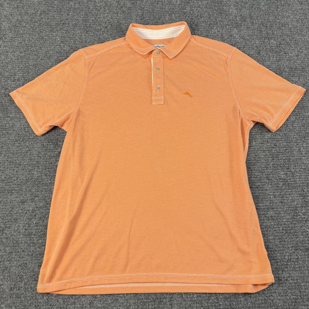 Tommy Bahama Polo Shirt Mens Large Orange Striped Logo Golf Performance Tencel